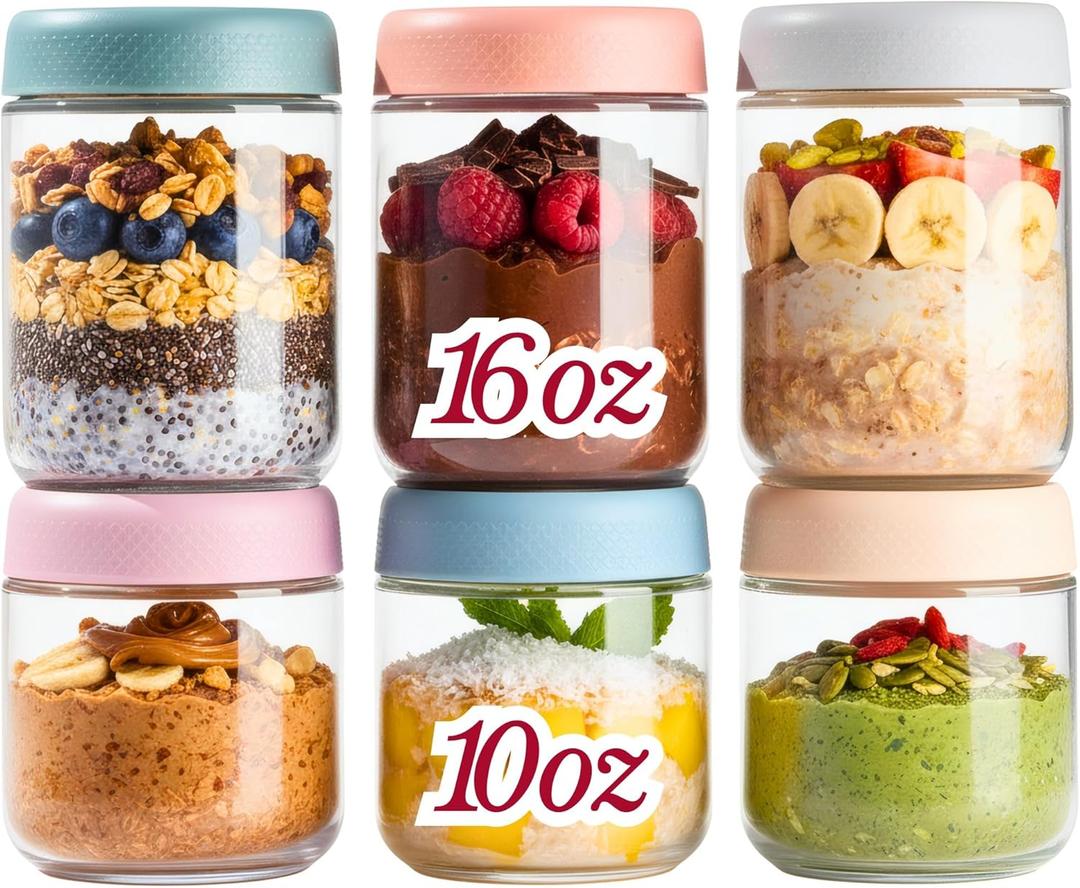 CATIFLIN 6-Pack Overnight Oats Containers with Lids, 16oz & 10oz Glass Mason Jars, Airtight Wide-Mouth Food Storage Containers for Meal Prep, Yogurt, Salad, Snacks, Chia, and Baby Food