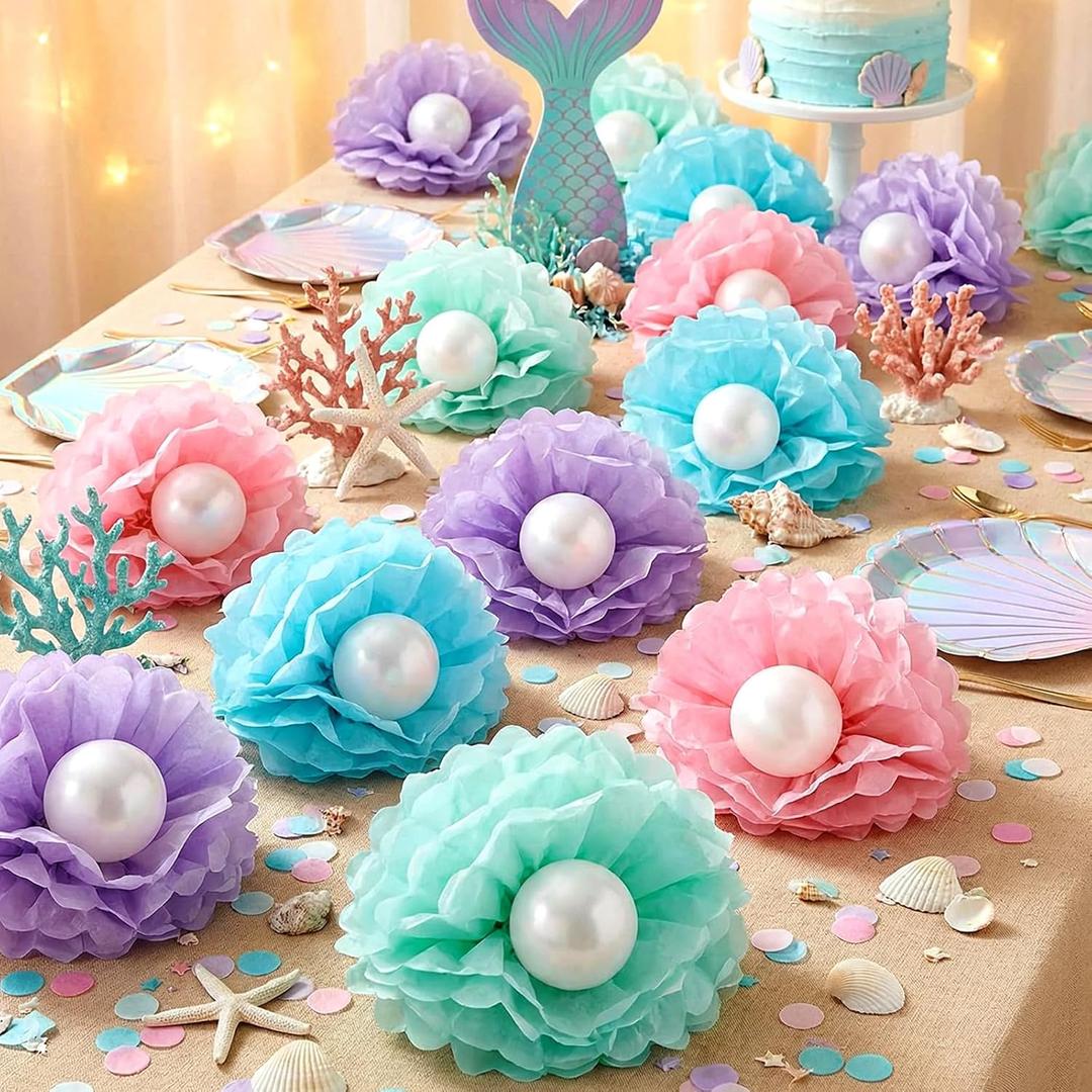 96 Pcs Mermaid Shell Party Decorations Include Pastel Tissue Paper Pom Poms and Pearl White Balloons Funny Ocean Sea Party Decorations for Seashell Mermaid Birthday Supplies DIY Crafts