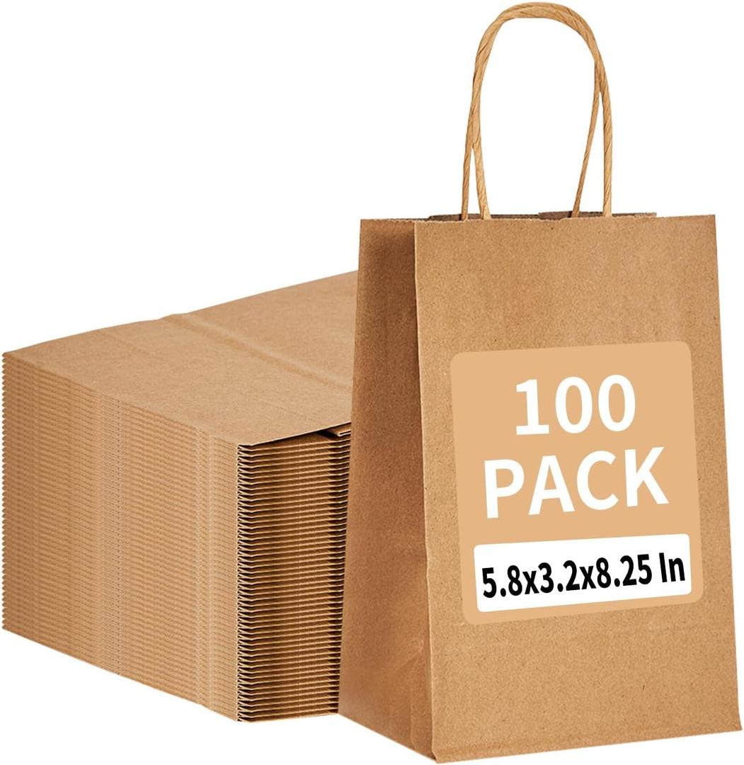 100 Pack 5.8x3.2x8.25 Inch Brown Kraft Paper Gift Bags with Handles - Bulk Small Plain Natural Bags for Birthday Party Favors, Grocery, Retail Shopping, Wedding, Craft, Goody, Takeouts, and Business (1 Count (Pack of 100), Small Brown)