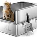 Stainless Steel Cat Litter Box, 19.7" L x 13.8" W x 11.8" H Large Semi Enclosed Removable Metal Litter Tray with High Sided Enclosure, Scoop, Anti-Leakage, Non-Sticky, Easy Cleaning