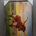 Farmhouse Longhorn Pictures Wall Decor: Framed Rustic Cow Animal Painting Art Wooden Sunset Farm Print Western Texas Bull Artwork for Bedroom Office Living Room