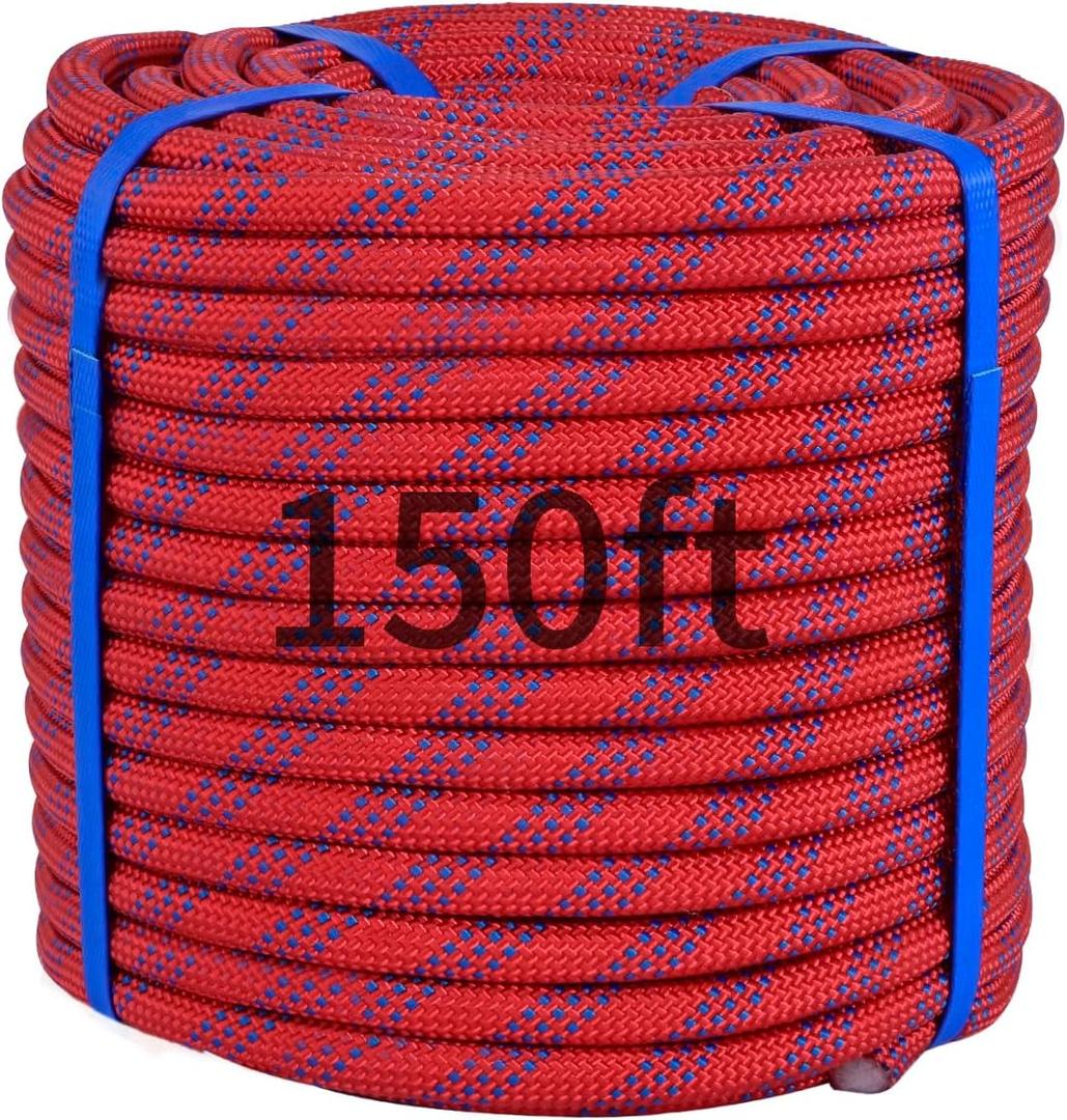 150Ft 1/2 Inch Heavy Duty Climbing Rope - for Tree Swing, Pulling, Outdoor & Gym Use (Red)