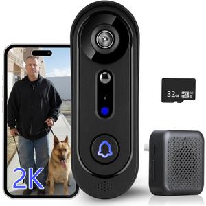 Doorbell Camera Wireless 2K, No Monthly Fee,3MP Video Doorbell with 32GB SD Card/Cloud Storage, No Subscription,Night Vision, 2-Way Audio, PIR Motion Detection, Alert, 2.4Ghz WiFi Doorbell Camera Wireless 2K, No Monthly Fee,3MP Video Doorbell with 32GB SD Card/Cloud Storage, No Subscription,Night Vision, 2-Way Audio, PIR Motion Detection, Alert, 2.4Ghz WiFi