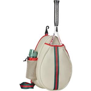 White PU One Shoulder Crossbody Tennis Backpack Girls Tennis Bag Tennis Racket Sling Bag for Women, with Water Bottle Holder (Khaki)