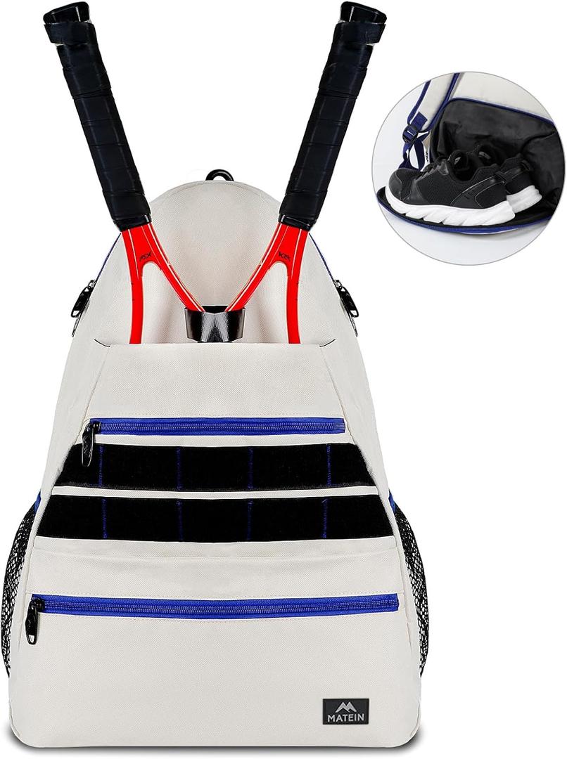 MATEIN Tennis Bag, Large Tennis Backpack for Men & Women with Shoe Compartment Hold 2 Rackets, Pickleball Paddles, Badminton Racquet, Ball Accessories (Beige)