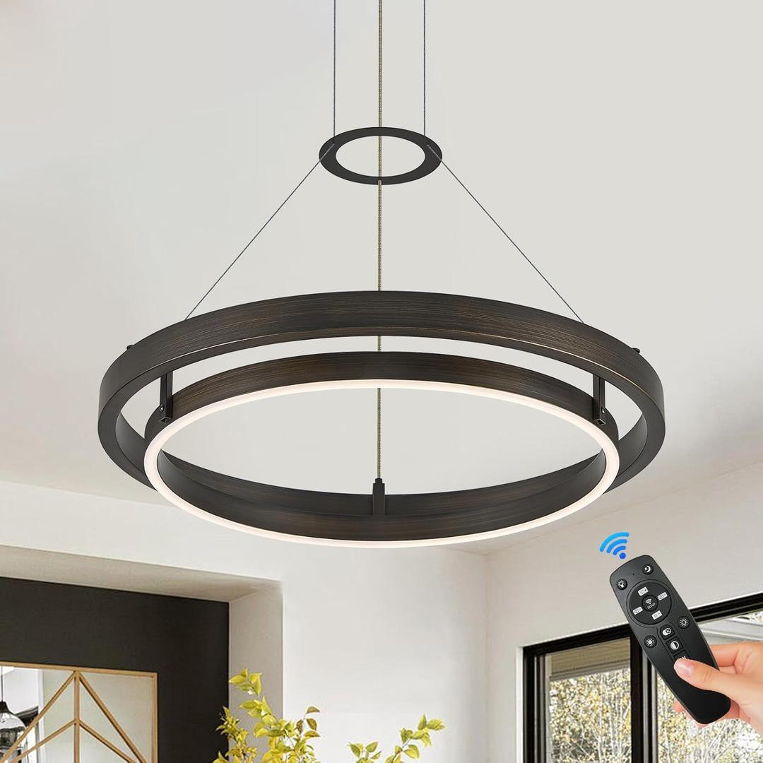 Modern LED Chandelier Vintage Black Brown Dimmable Circular LED Pendant Light with Remote Ring Chandelier Dining Room Light Fixtures for Kitchen Island Living Room Entryway, D23.6