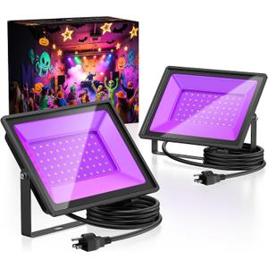 Glostars 2-Pack 50W UV Black Light385-400 nmIP66 WaterproofGrounded Three-Prong Plug Blacklight for Glow PartyOutdoor Black LightsHalloween & Christmas !