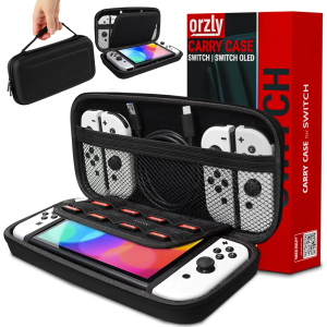 Orzly Carry Case Compatible with Nintendo Switch and New Switch OLED Console - Black Protective Hard Portable Travel Carry Case Shell Pouch with Pockets for Accessories and Games