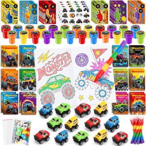 BenLouis 84Pcs Monster Truck Party Favors Truck Car Theme Coloring Books Crayons Sticker Set Bulk for Kids Racing Wheels Birthday Decor Goodie Bag Stuffer Classroom Rewards Craft Pinata Supplies