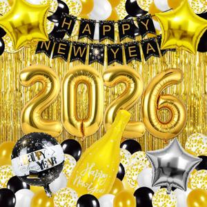 Happy New Year Decorations 2026, New Years Eve Party Supplies 2026, New Years Decorations with 2026 Balloons, Happy New Year Banner, Foil Balloons, Fringe Curtain for NYE Decorations 2026