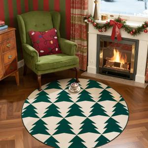 jinchan Round Christmas Rug for Entryway Bedroom 4ft Circle Holiday Rug for Living Room Printed Green Christmas Tree 4' Xmas Decor Washable Indoor Carpet for Foyer Non-Slip