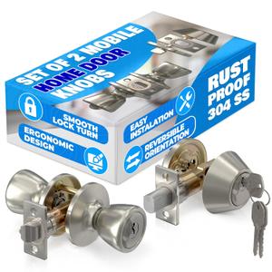 Set of 2 Mobile Home Door Knobs  Includes Keyed Entry Lock & Interior Knob, Rust-Proof 304 Stainless Steel, Copper & Iron Alloy, Mobile Home Exterior Door Knobs  Smooth-Turn Lock & Easy Installation