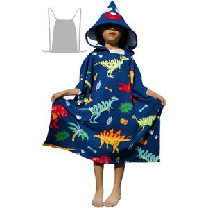 Soft Swim Cover-ups for 3 to 10 Years Old Kids Navy Blue Dinos Hooded Bath Beach Poncho Towels