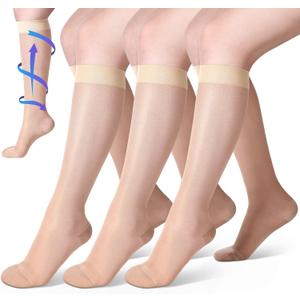 Shellwei 3 Pairs Sheer Compression Socks 20-30 Mmhg Knee High Compression Stockings Support Hose for Women (XX-Large, Nude)