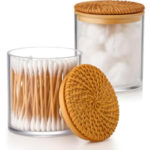 2 Pack Cotton Ball Holder Cotton Pad Holder with Rattan Lids Bathroom Container 10 oz Clear Plastic Apothecary Jar Containers Vanity Canisters Jars Accessories Set for Floss