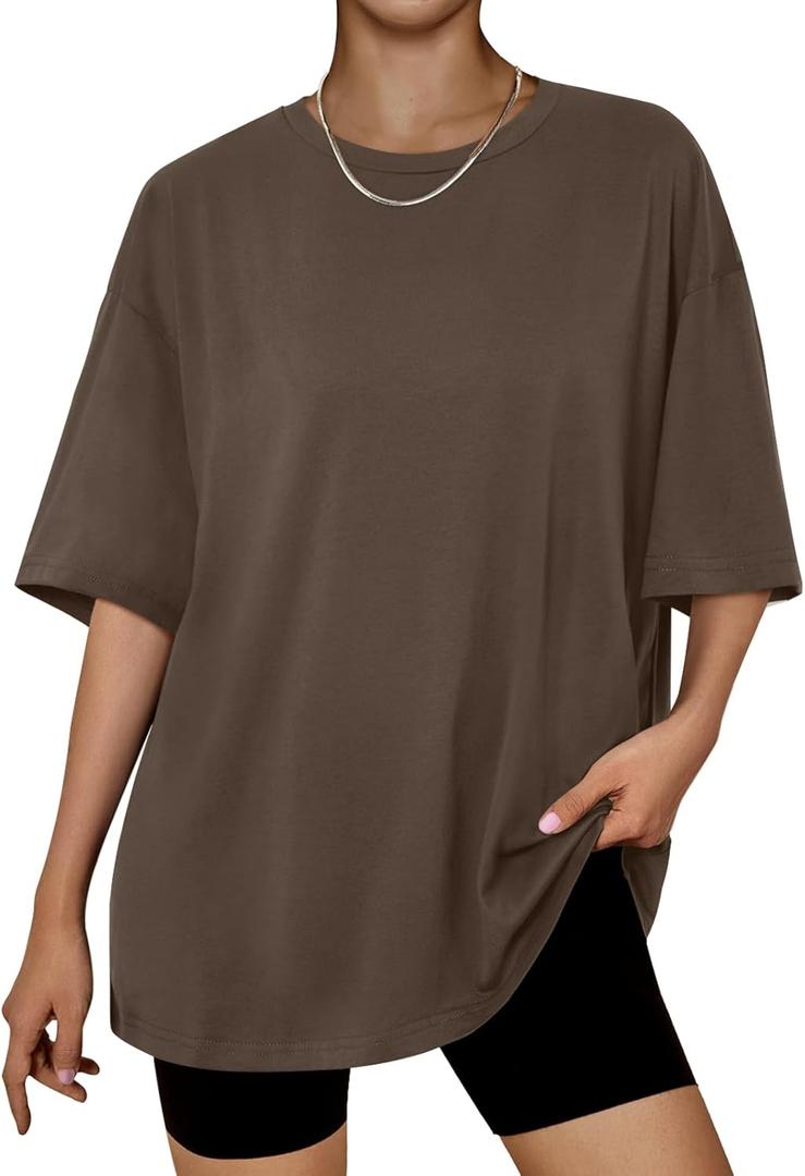 Trendy Queen Womens Oversized Summer T Shirts Fashion Workout Plus Size Tops Short Sleeve Beach Vacation Gym Clothes 2025 (Medium, Coffeebrown)