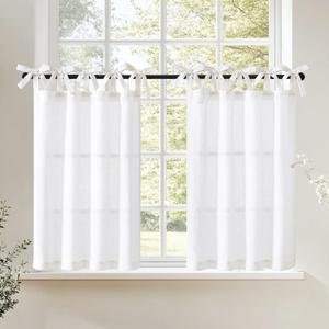 jinchan Tie Top Linen Kitchen Curtains Over Sink 24 Inch Length Tier Curtains Farmhouse Rustic Small Cafe Curtain for Bedroom Living Room Bathroom Half Window Light Filtering Privacy 2 Panels White