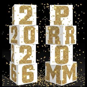 Queekay 8 Pcs Prom Column Standup Photo Booth Decorations 2026 Prom Backdrop Balloon Boxes Cardboard Decoration Column for Party College, 11.8 x 44.9 Inch (Gold, White)