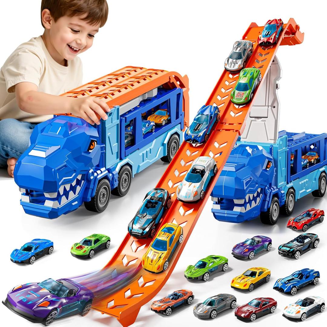 GYYCKTD Race Track Truck Toys for 3 4 5 6 7 8 Years Old Boys, Carrier Vehicle Playset with 12 DieCast Racing Car Toys, 2Tier Storage, Car Ramps, Birthday Gifts for Toddlers Kids Girls Age 35 48