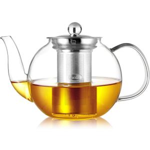 CNGLASS 900ml Glass Teapot with Removable Infuser,Clear Tea Kettle Stovetop Safe,Blooming and Loose Leaf Tea Maker (30.5oz/900ml)