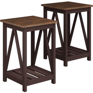 ChooChoo Farmhouse End Table, Rustic Vintage End Side Table with Storage Shelf for Small Spaces, Nightstand Sofa Table for Living Room, Bedroom Espresso 2 Pack