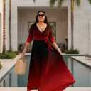 PinkPatty Women's Gradient Maxi Dress 3/4 Sleeves V Neck Cocktail Party Dress Belted Wrap Dresses 3XL