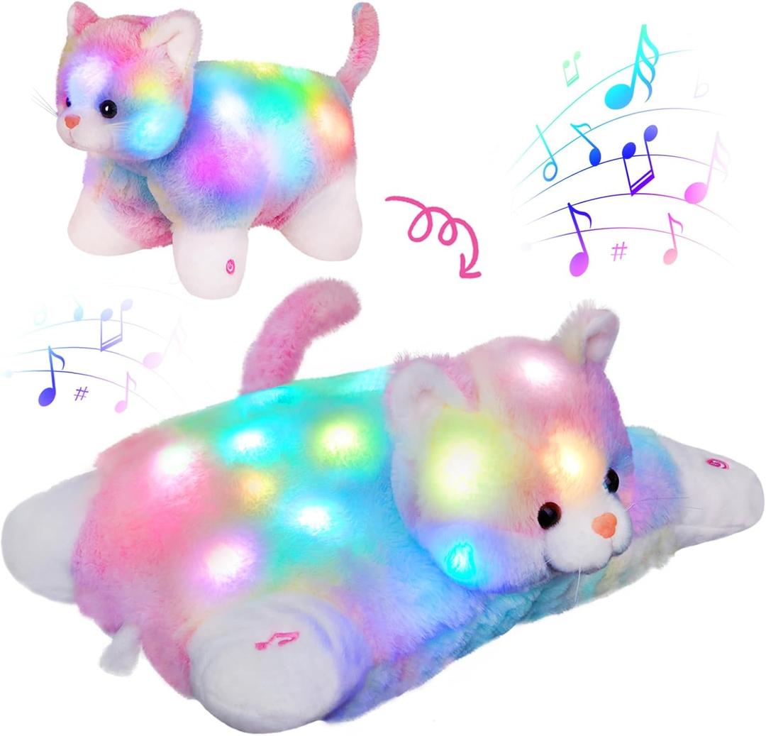 Glow Guards 16" Light Up Musical Rainbow Cat Stuffed Animal Glowing Colorful Cute Soft Kitty Plush Toy Pillow Sofa Decors Christmas Children's Day Birthday Gifts for Toddlers Kids (Large - LED & Music)