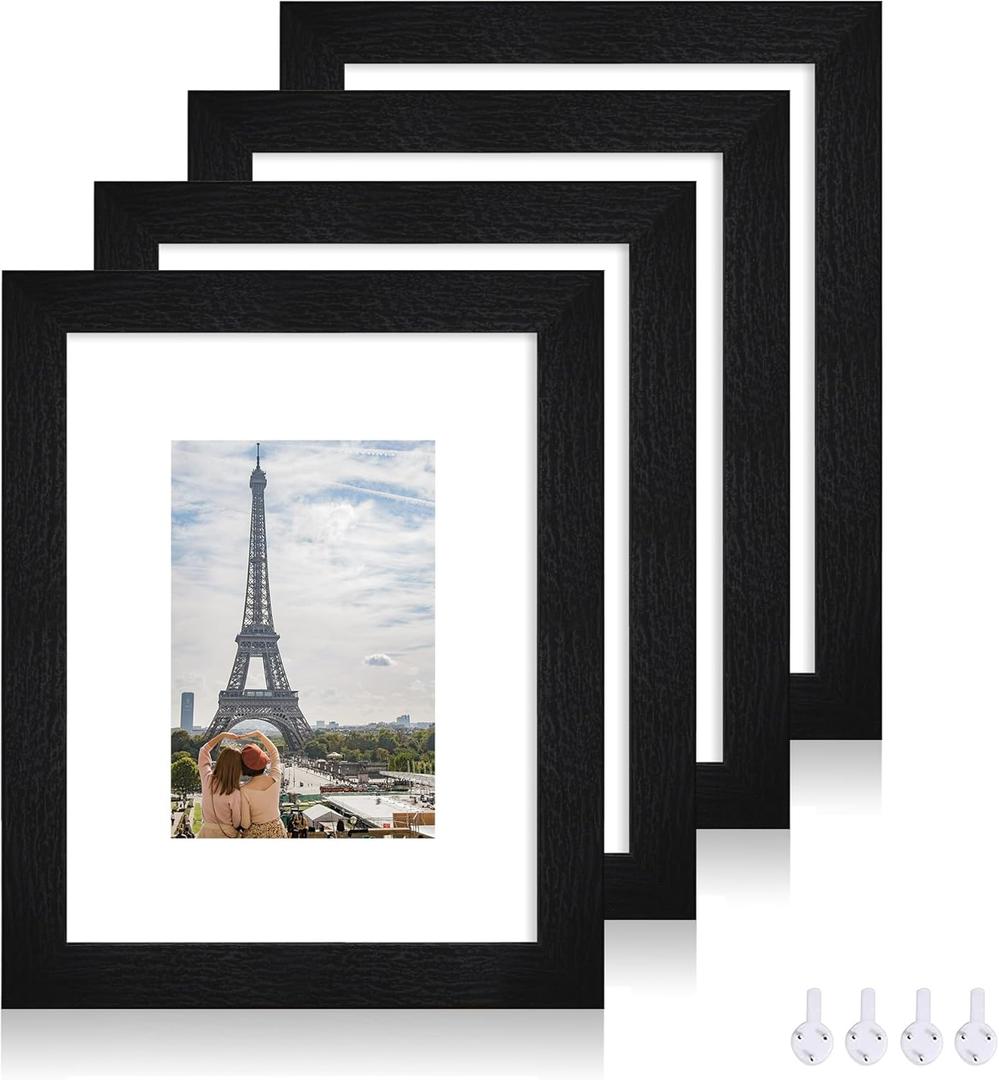 Hongkee 8x10 Picture Frame Set of 4, Made of Real Glass and Rustic Black Wooden Frame, 8 by 10 Photo for Wall or Tabletop - Display Picture 5x7 with Mat or 8x10 Without Mat