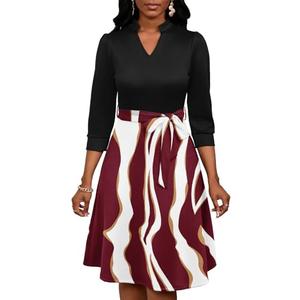 Women's Stripe Casual Dress V Neck Color Block Printed 3/4 Sleeve High Waist Midi A-Line Wrap Dresses with Sash, Size 3XL