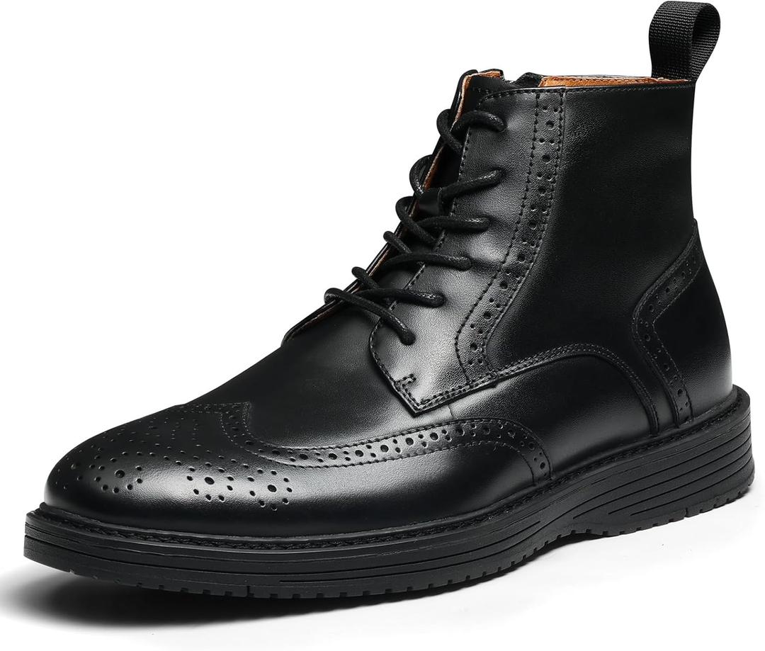 Mens Dress Boots, Genuine Leather Brogue Wingtip Mens Casual Oxford Boots with Side Zipper, Comfortable Formal Lace Up Chukka Ankle Boot for Men (10, Black)