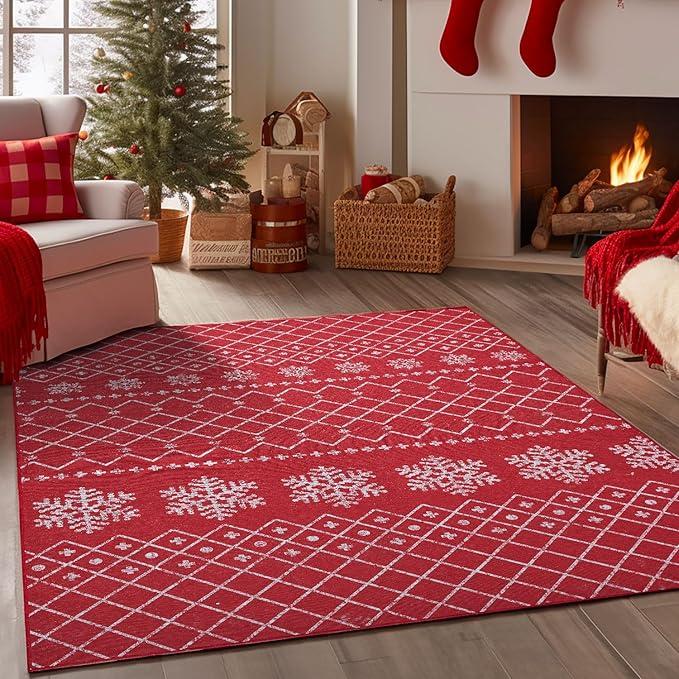 Snowflake Christmas Area Rug 8x10 Red for Living Room Indoor Washable Rug Xmas Non-Slipping Kitchen Rug Moroccan Alfombra Holiday Decor Geometric Soft Thin Carpet Bathroom Bedroom Dining Room
