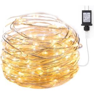 Minetom Fairy Lights Plug in, 33Ft 100 LEDs Waterproof Silver Wire Firefly Lights, Adaptor Included, Starry String Lights for Wedding Indoor Outdoor Christmas Patio Garden Decoration, Warm White