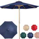 9ft Wooden Umbrella, Outdoor Patio Umbrella, Wood Market Umbrella, Patio Umbrella Wood Pole with Pulley Lift for Garden, Yard, Deck, Pool, Market