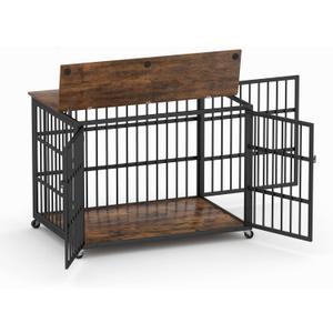 CHUNLY 43.3''L x 29.9''W x 33.5''H Dog Crate Furniture with Wheels, Heavy-Duty Dog Cage with Side Openings & Top Openings, Modern Wooden Kennel for Dogs Indoor, Rustic Brown