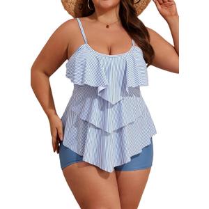 B2prity Women Plus Size Tankini Swimsuits Tummy Control Two Piece Bathing Suit Ruffled Flounce Swimwear with Shorts (X-Large, Stripe)
