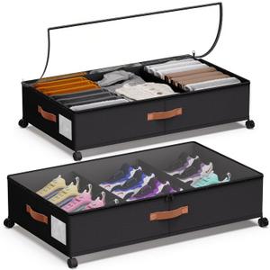Under Bed Storage 2 Pack 66L, Rolling Containers with Wheels, Heavy Duty Metal Frame, 600D Oxford Fabric, Clear Lid, Adjustable Dividers for Clothes Shoes Blankets, Dorm Space Saving, Black