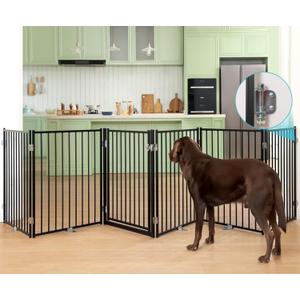 No Pawblems Free Standing Dog Gate with Door, 30'' Tall Foldable Dog Fence for Indoor & Outdoor, Up to 156 Inch Extra Wide Puppy Gate for Stairs, Hallways, Doorways, Deck, Yard (Black, 6 Panels)