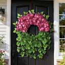 Artificial Hydrangea Wreath for Front Door Outside - Fake Hydrangea Real Touch Ivy, Spring Summer Greenery Flowers Wreath, for Home Mantel Window Farmhouse Decor (23", Rose Red)
