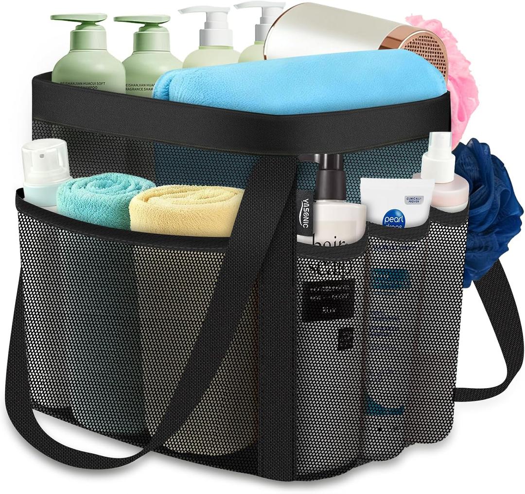 YASONIC Mesh Shower Caddy Portable for Dorm College Room Essentials, 8-Pocket Large Shower Bag with Double Handles, Hanging Shower Basket for Beach, Swimming, Bathroom, Beach, Camp, Gym, Black