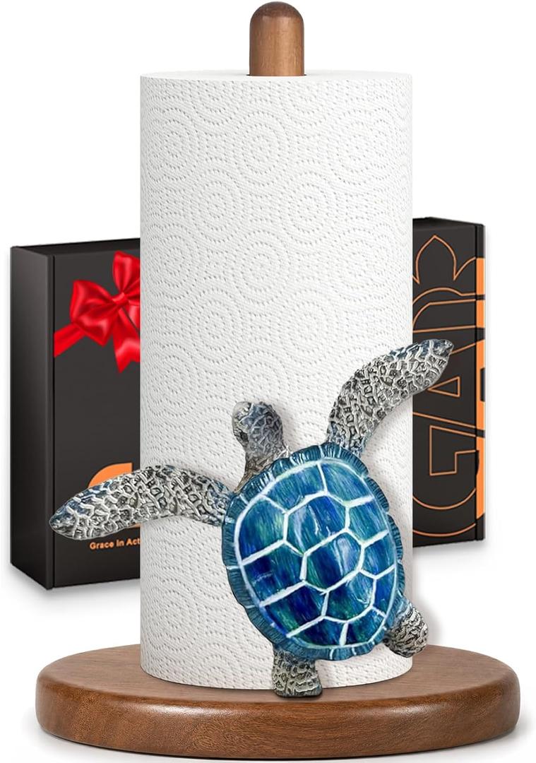 Blue Turtle Paper Towel Holder, Coastal Beach Ocean Home Decor for Kitchen Bathroom Countertop, 3D Sea Turtle Gifts for Women