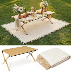 Wesiti 2 Pcs Low Picnic Table Foldable Lightweight Picnic Table Set with 34" x 23" Extra Large Outdoor Camping Blanket Sandproof Boho Beach Woven Cotton Yarn Blanket for Camping Beach Patio