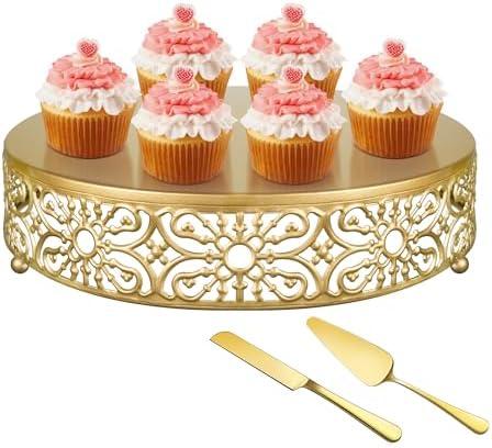 Gold Wedding Cake Stand 12 Inch, Metal Round Dessert Display Cupcake Stands for Celebration, Birthday, Party, Decor (with Cake Knife and Server Set)