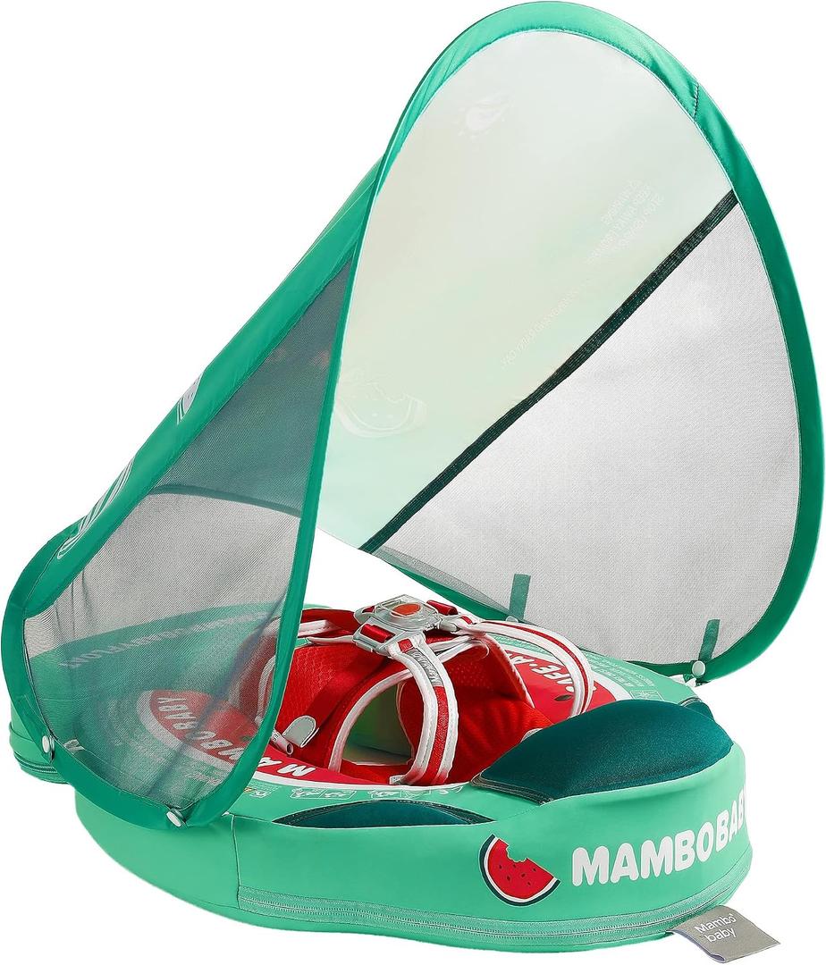 Mambobaby Float Add Tail Baby Swim Float with Canopy Solid Pool Infant Swim Trainer Swimming Training Lying Air Free Water Floats Non-Inflatable Waist Swim Ring for Toddlers (Watermelon), 3~24months
