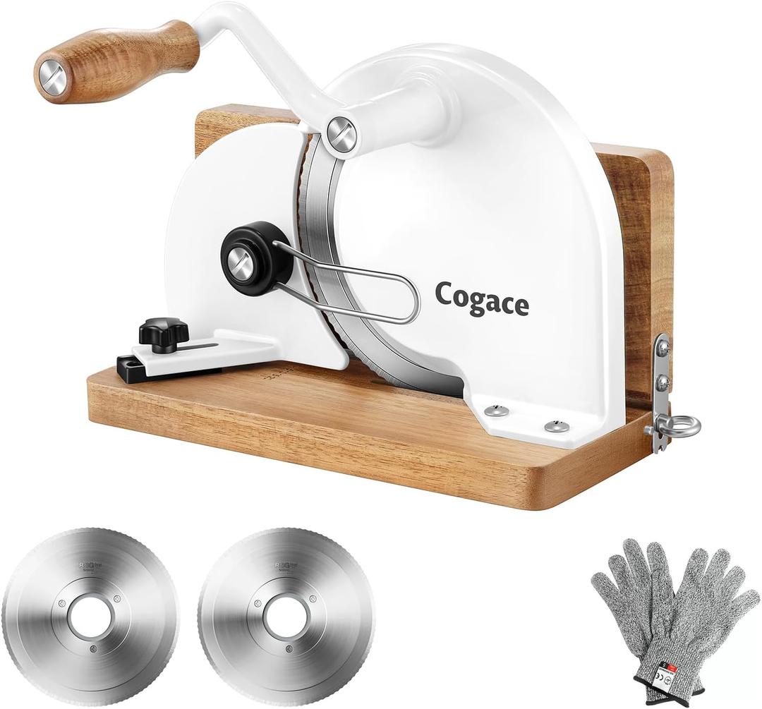Foldable Manual Bread Slicer with Dual German RSG Blades, Homemade & Sourdough Bread, Adjustable Thickness & Scale, Hand Crank Cutter, Durable Aluminum Alloy Body & Acacia Wood Base