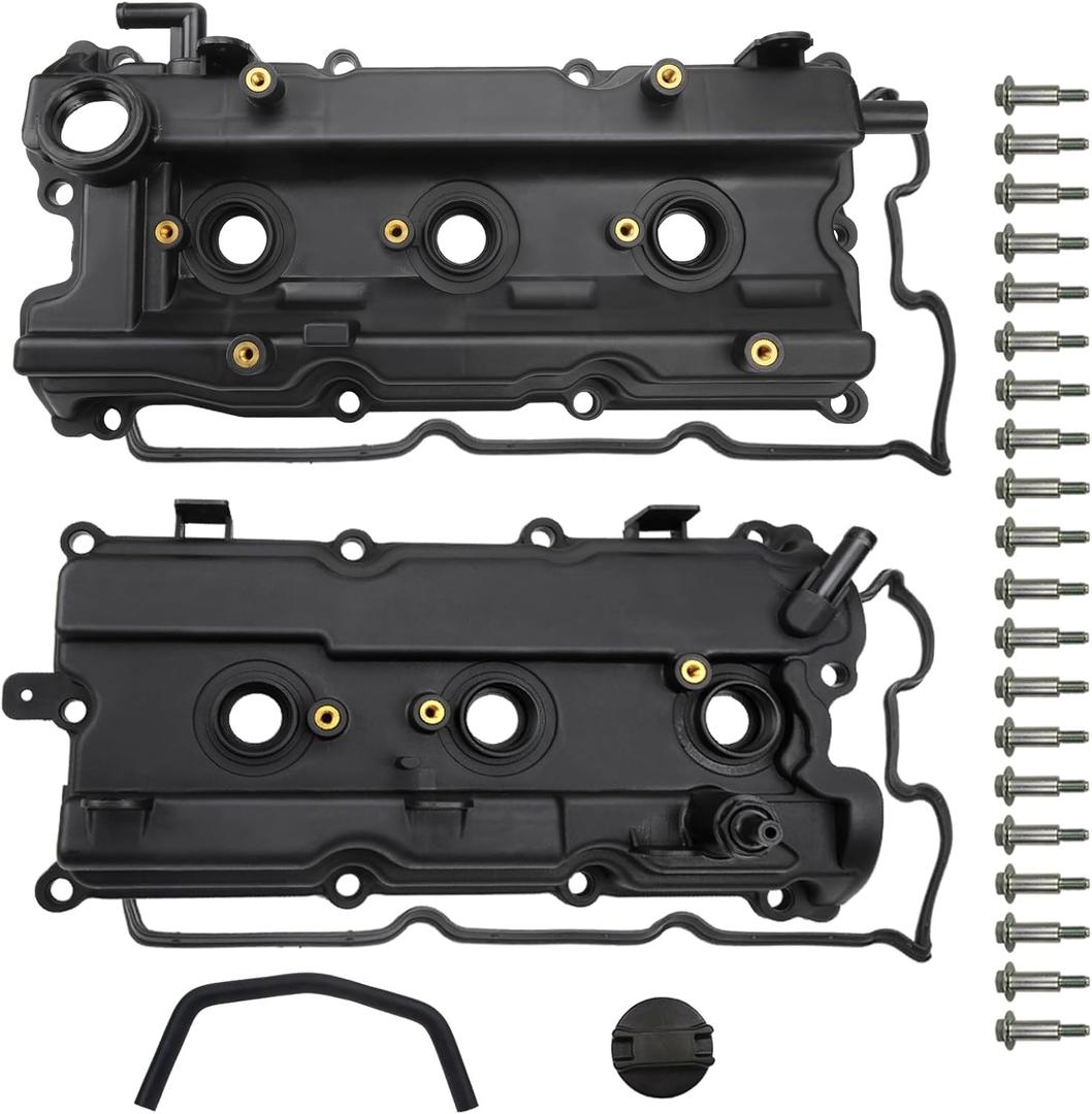 Engine Valve Cover Set with Bolts & Oil Cap & Gaskets & Spark Plug Tube Seals & PCV Valve Compatible with 2002-2007 Nissan Altima Maxima Murano Quest Infiniti I35 VQ35DE V6 3.5L Part# 264-984 265-985 (black)