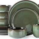 LERATIO Ceramic Dinnerware Sets for 4,16-PieceReactive Glaze Plates and Bowls Set with Mugs,Highly Chip and Crack Resistant | Dishwasher,Microwave & Oven Safe Dishes set-Green (Modern-Dark Green)