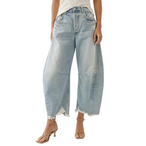 Allimy Womens Jeans High Waisted Rise Ripped Baggy Loose Fit Ankle Barrel Y2K Boyfriend Horseshoe Raw Hem Wide Leg Jeans for Woman Trendy 2026 Denim Capri Pants Light Blue Size 6