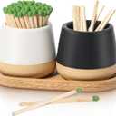 FreeJac Set of 2 Ceramic Match Holder with Striker - Match Container With Wooden Tray Matchstick Holder for Kitchen Bathroom Candle Parlor Modern Home Decor - MATCHES NOT INCLUDED (Mist-Black and White)