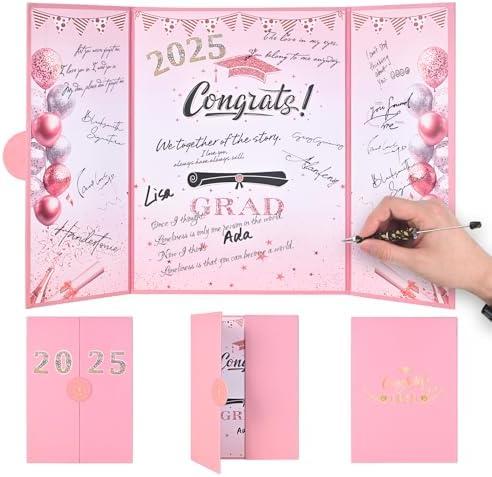 The Graduation Signature Book for The Decoration Major of The 2025 Graduation partyBlack and Gold Graduation Party Decorations Class of 2025 Graduation Guest Book Graduation Gifts for Her Him(Pink)