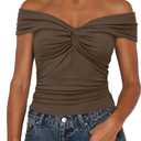 Darong Women Summer Twist Knot Front Off The Shoulder Tank Tops Cap Sleeve Going Out Shirts Slim Fitted Y2K Outfits (Small, Khaki)